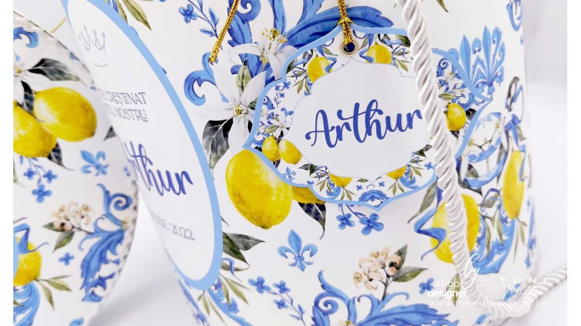 Trusou botez mediteranean inspiratie italia Capri Sorrento cu lamai si faianta alb cu albastru Italian Boy 22
